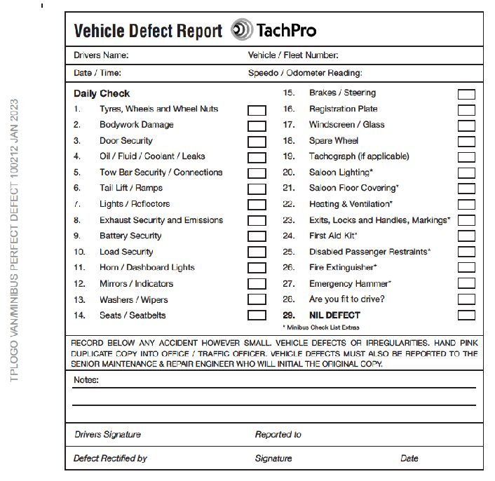 50 Page Van & Minibus Daily Check & Defect Book - Jackson Handling Ltd