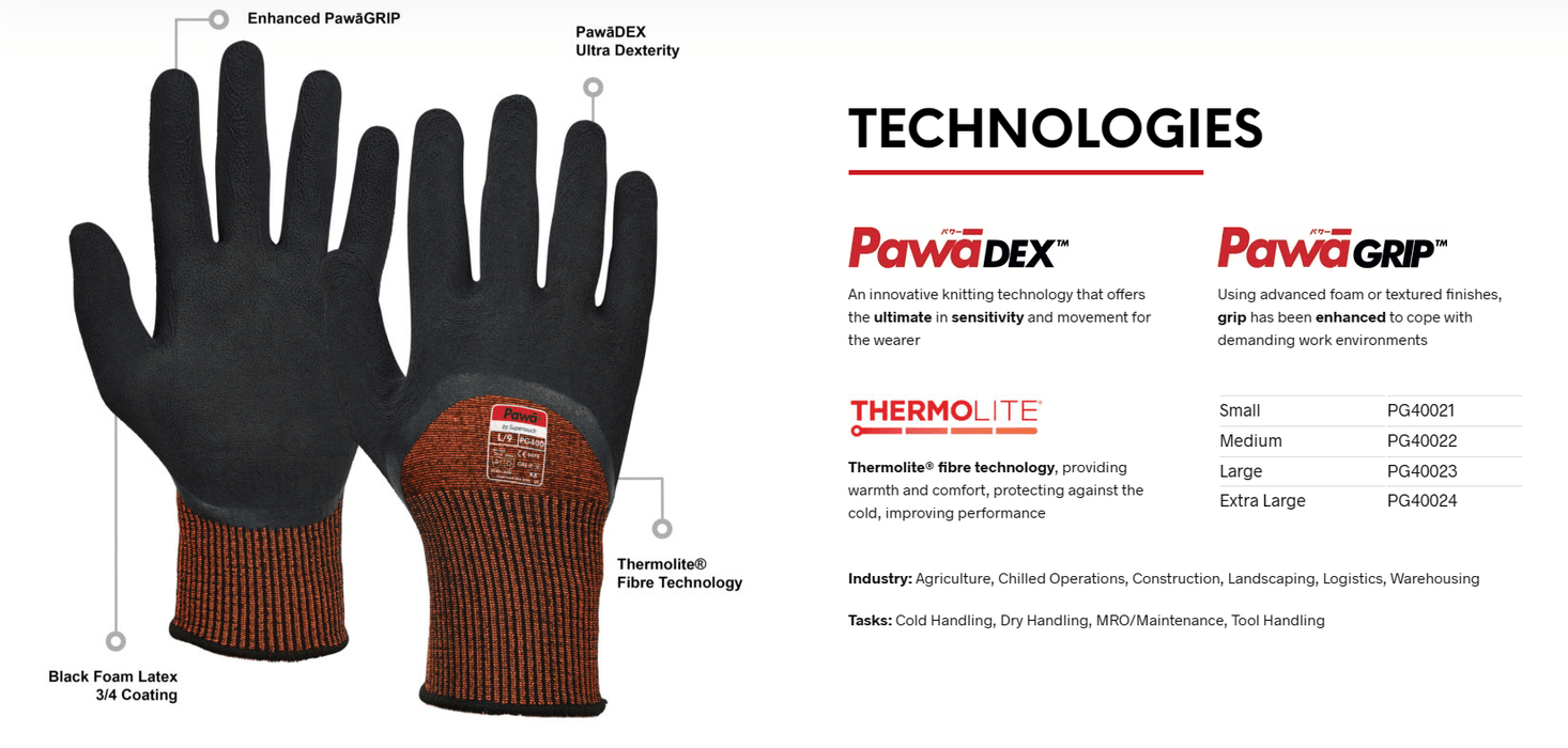 Pawa PG400 Thermolite® Gloves ( pack of 12 pairs ) - Jackson Handling Ltd