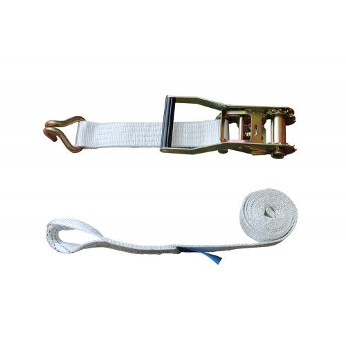 35mm White Ratchet Strap With Claw Hook Tail & 10cm Loop Winch