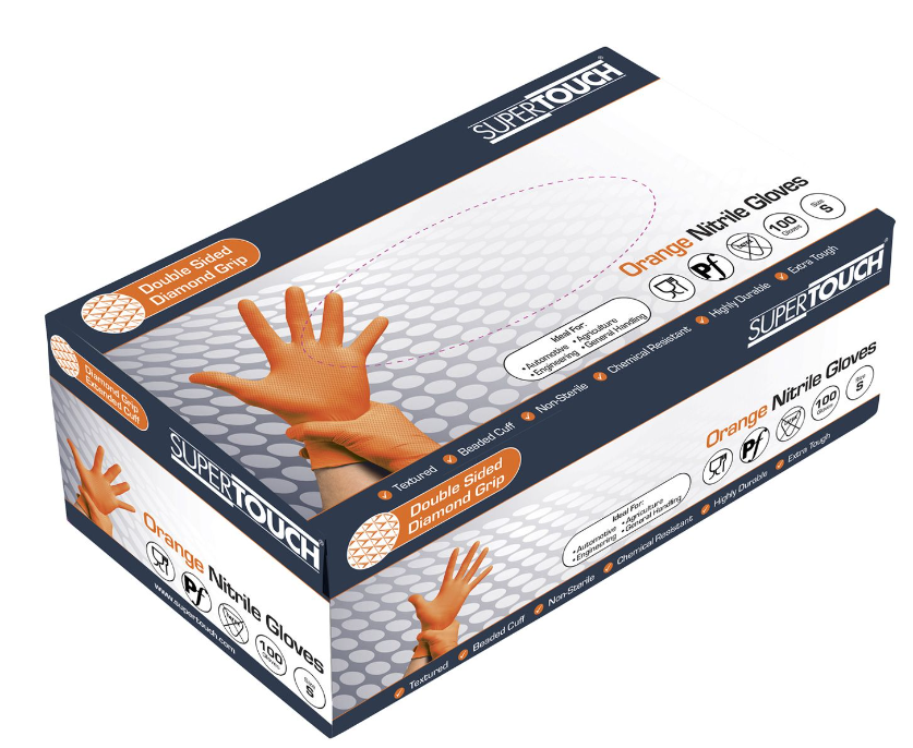 Orange Disposable Nitrile Diamond Grip Gloves ( 100pcs per dispenser / 10 dispensers per case )