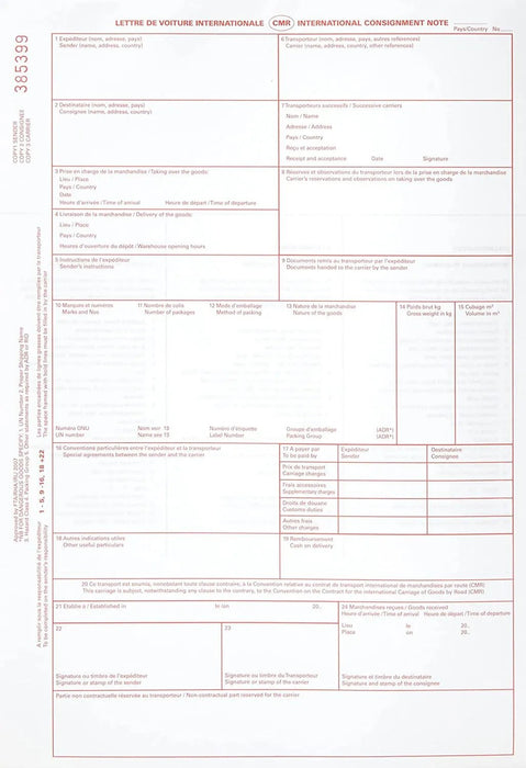 CMR Consignment Notes – 4 Part – 100 sets per pack - Jackson Handling Ltd