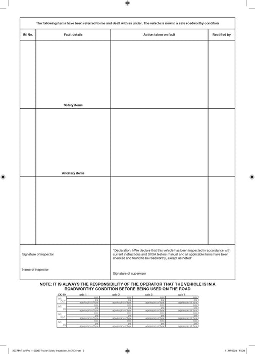Trailer Safety Inspection & Maintenance Pad - Jackson Handling Ltd