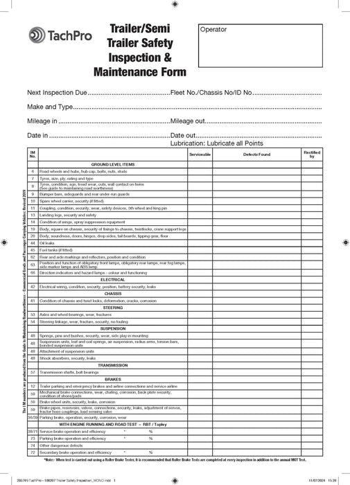 Trailer Safety Inspection & Maintenance Pad - Jackson Handling Ltd