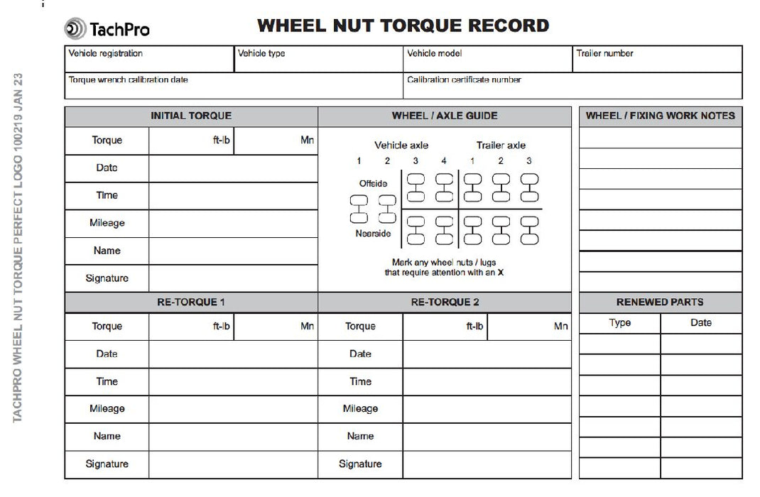 Wheel Nut Torque Record Books