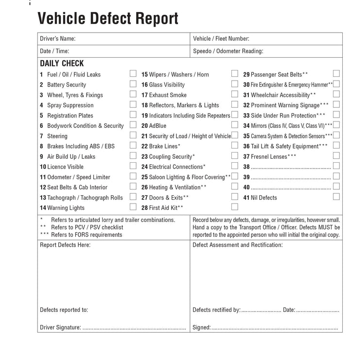 Driver vehicle Daily Check & Defect Book