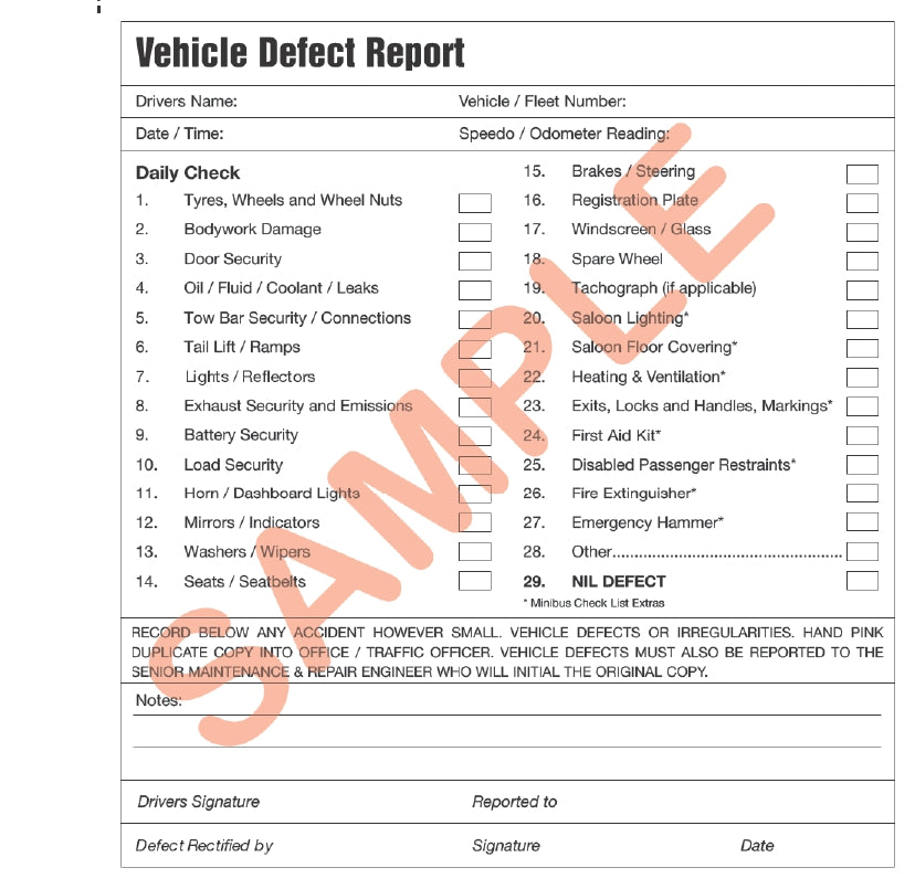 Vehicle Defect Document 50 Page Van & Minibus Daily Check & Defect Book — Jackson Handling Ltd