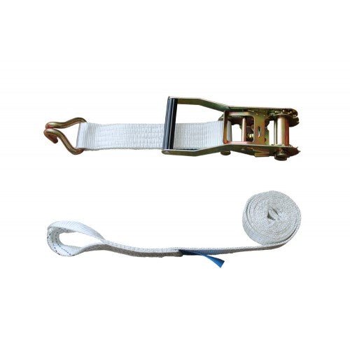 35mm White Ratchet Strap With Claw Hook Tail & 10cm Loop Winch - Jackson Handling Ltd