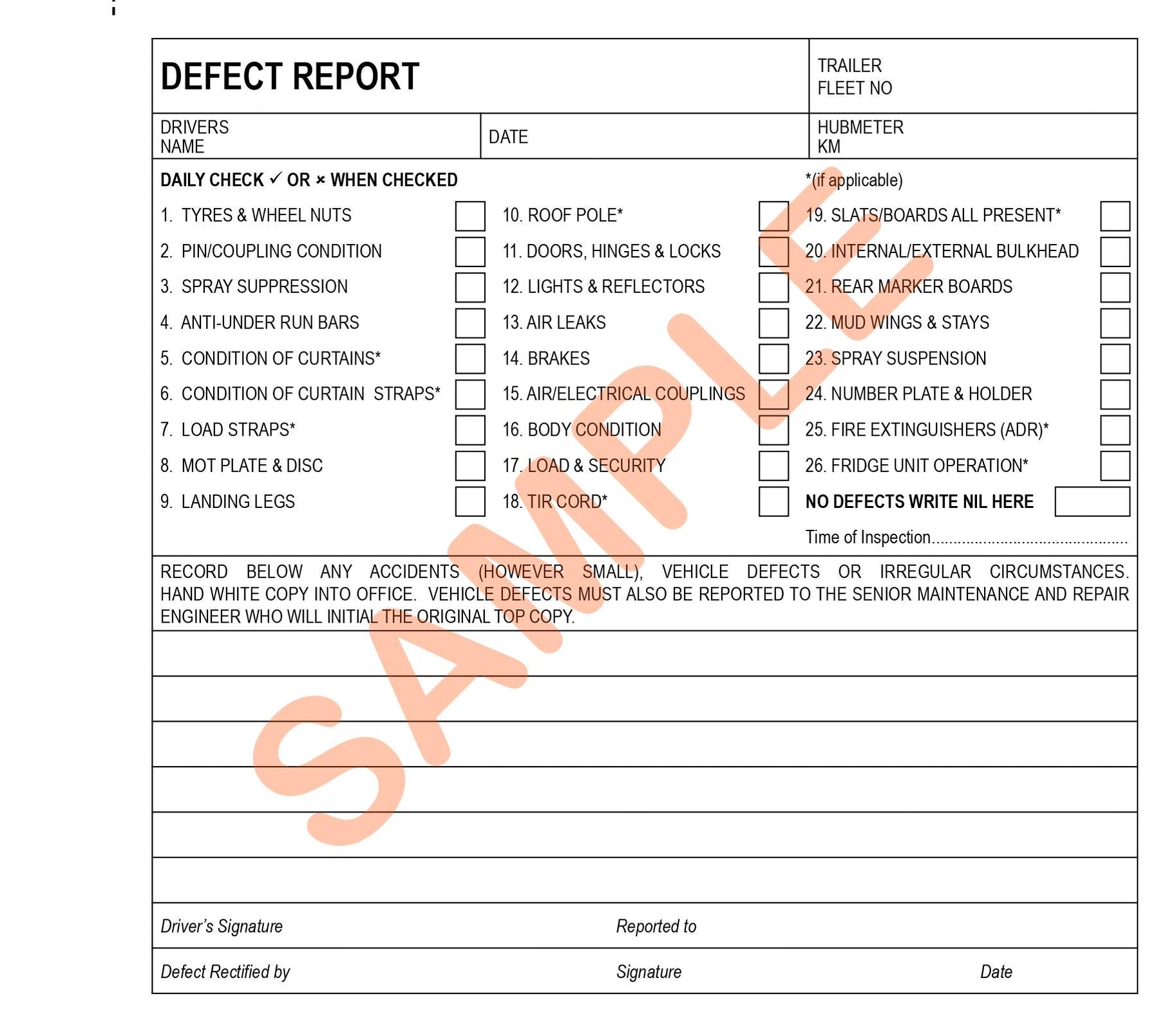 Trailer Daily Defect Report Book - 50 Duplicate Pages - Jackson ...