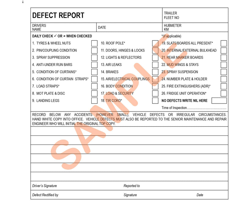 Trailer Daily Defect Report Book - 50 Duplicate Pages - Jackson Handling Ltd